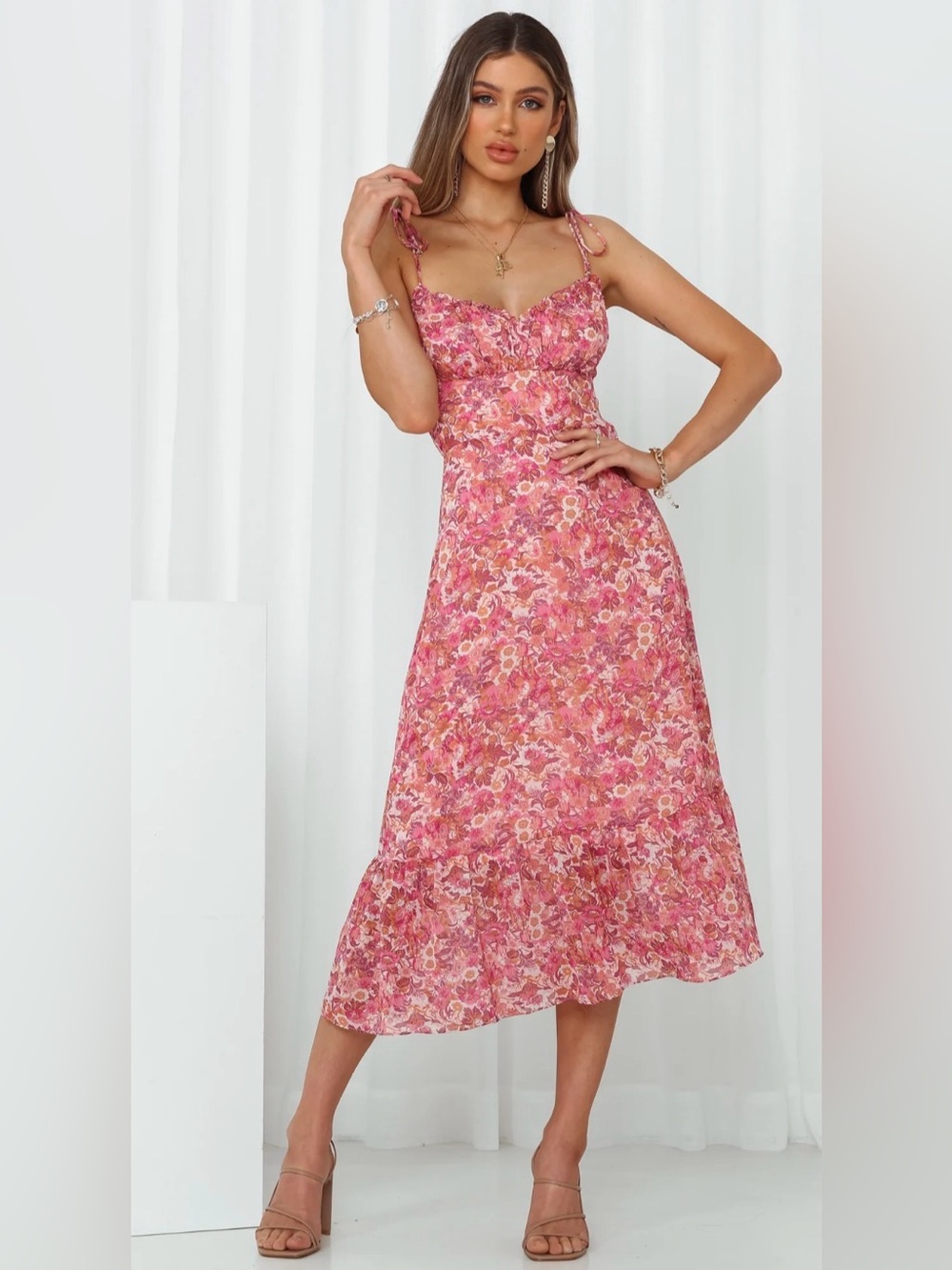 NEW HELLO MOLLY Size S Kaitlyn Floral Midi Dress SLIP ON TIE-UP STRAPS